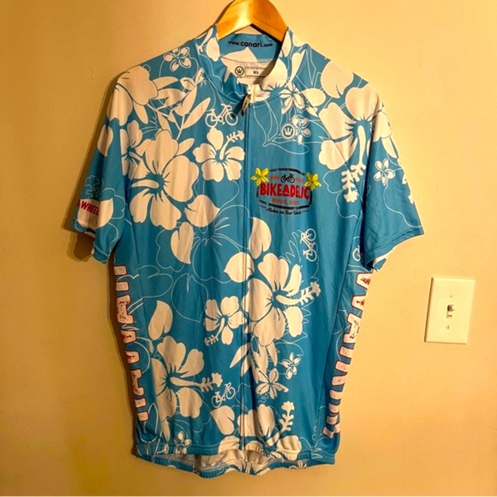 Canari Blue and White Hawaiian Bicycle Shirt, Sz XL